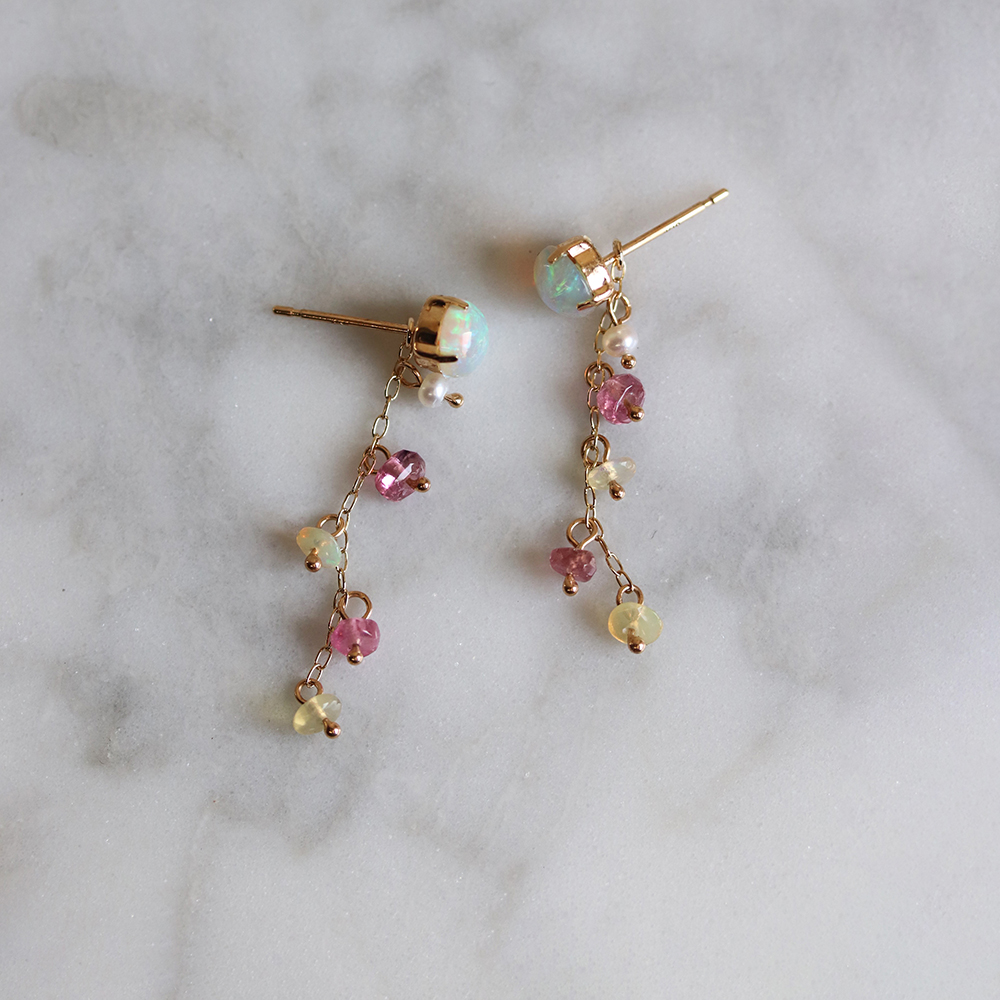 オパール / ピンクトルマリン チャーム ピアス  | K10YG